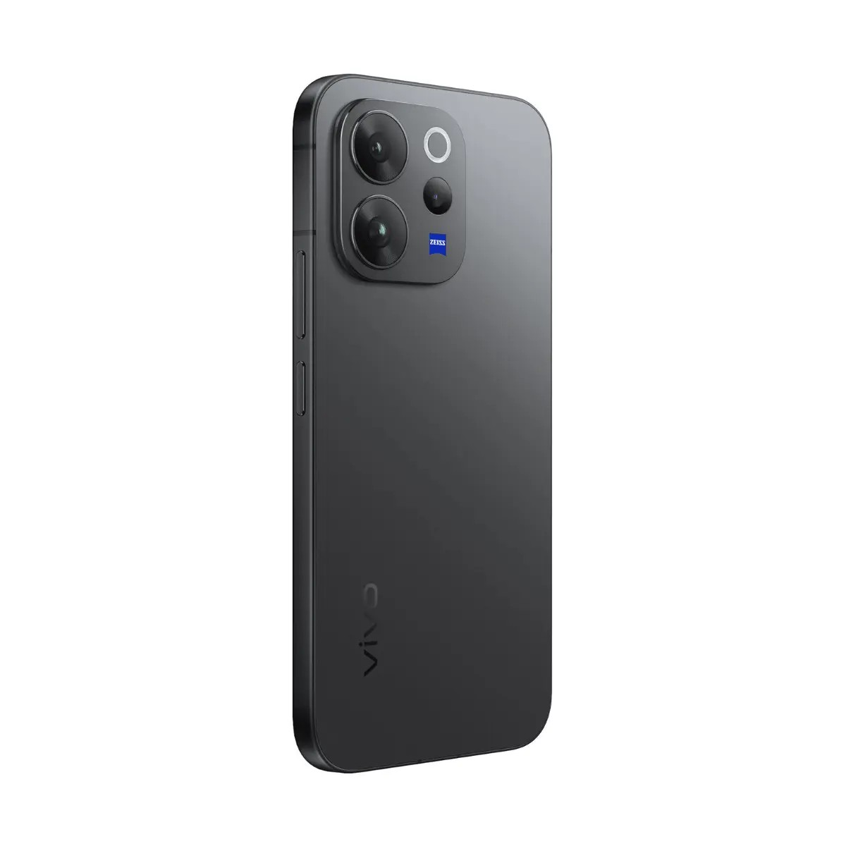 Vista posteriore di uno smartphone grigio vivo con modulo a tripla fotocamera e logo Zeiss.
