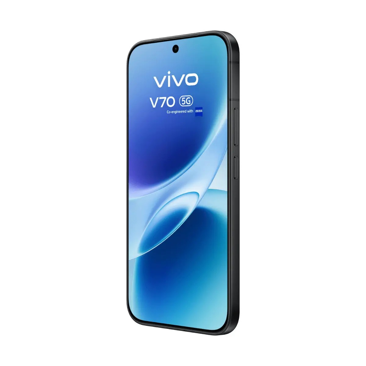 Uno smartphone nero Vivo V70 5G mostra lo schermo illuminato con il nome del marchio.