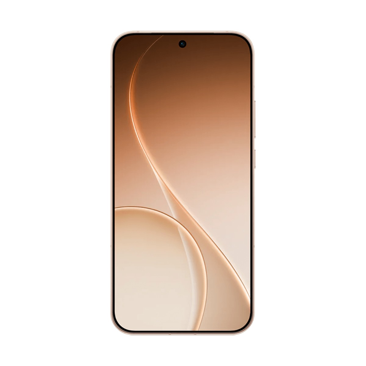 Un teléfono inteligente con bisel de oro rosa y un fondo de pantalla abstracto ondulado marrón y dorado.