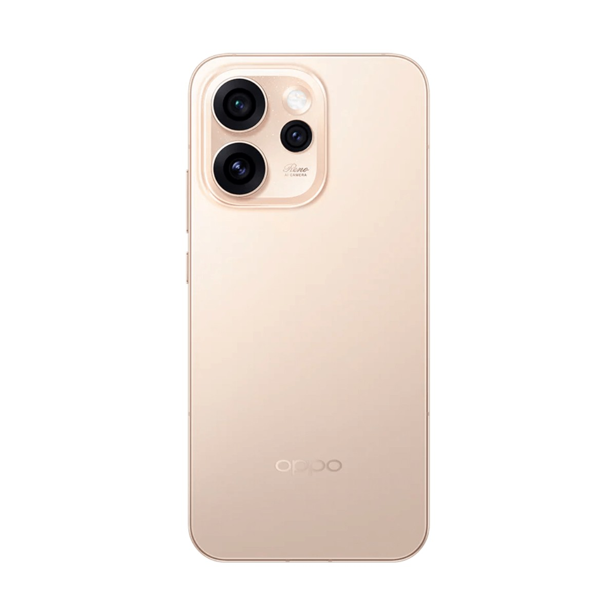 Vista trasera de un smartphone Oppo dorado claro, con módulo de triple cámara y logotipo.
