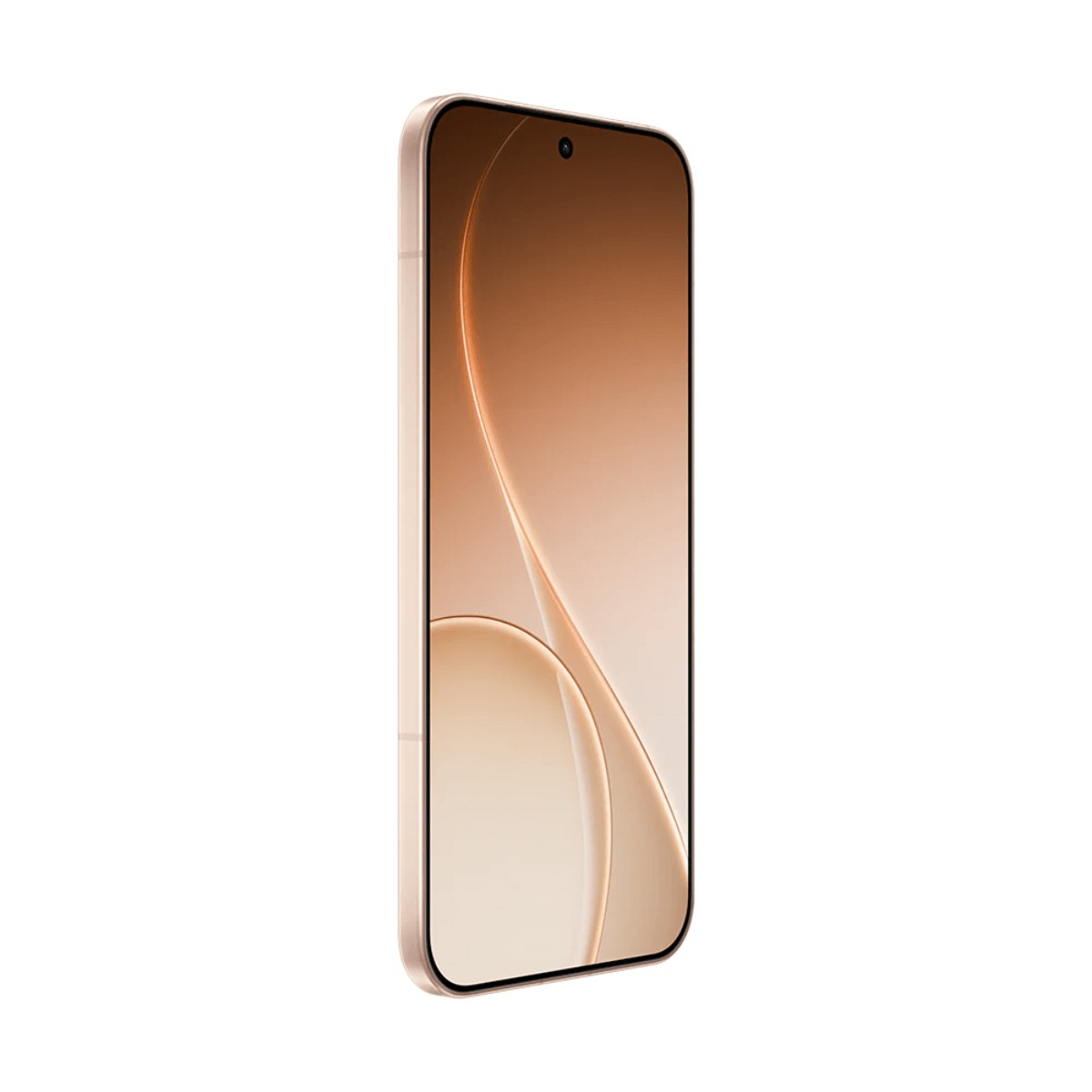 Un smartphone en oro rosa con un fondo abstracto curvado en la pantalla.