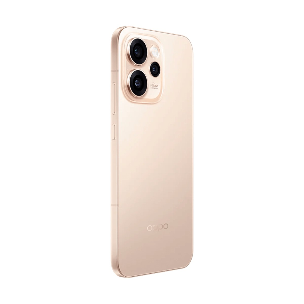 Un smartphone Oppo de color oro claro se muestra desde atrás, con un módulo de triple cámara y el logotipo.