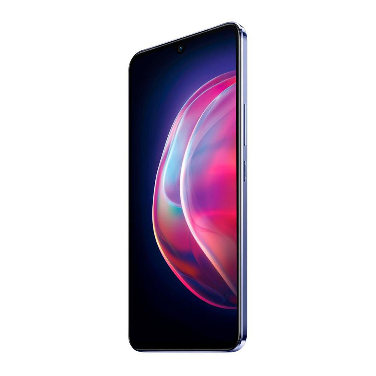 Ein Smartphone mit blauem Rahmen und einem farbenfrohen, abstrakten Hintergrund auf dem Bildschirm.