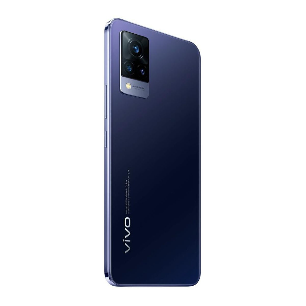 Die Rückseite eines blauen Vivo-Smartphones mit Dreifachkamera und weißem Vivo-Logo auf hellem Hintergrund.