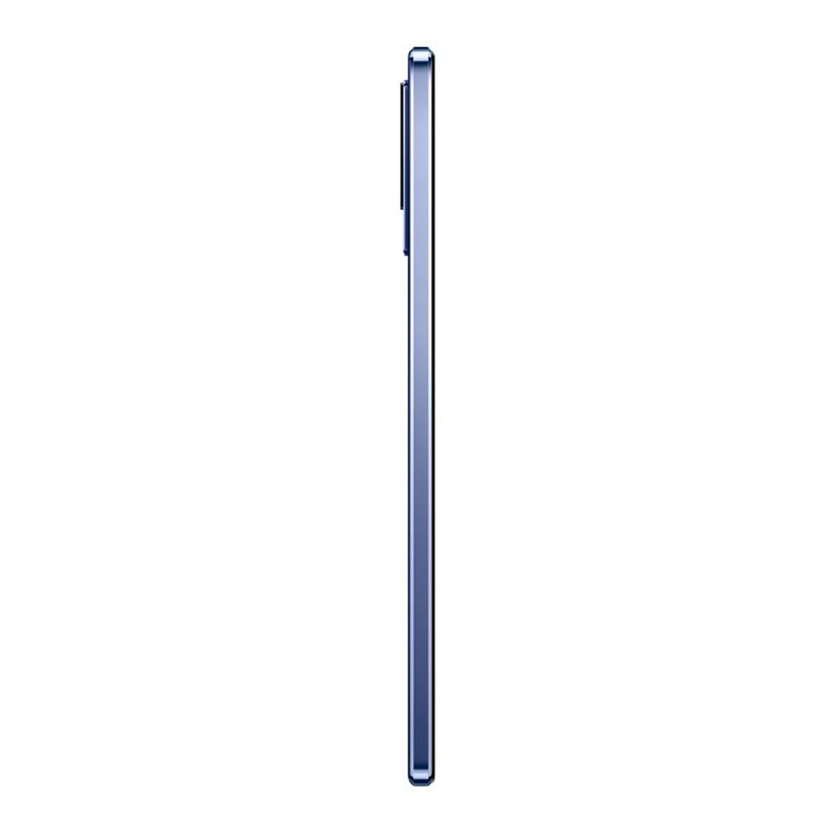 Seitenansicht eines schlanken blauen Smartphones mit einer vertikalen Kameramodul auf der Rückseite.