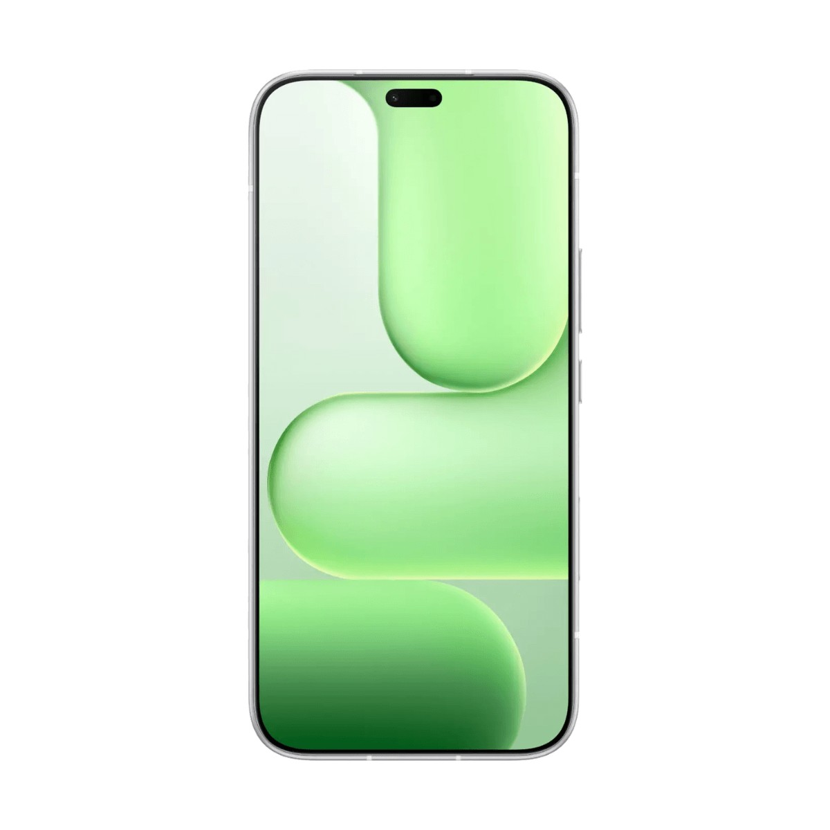 Uno smartphone con sfondo geometrico astratto verde chiaro e fotocamera in alto.