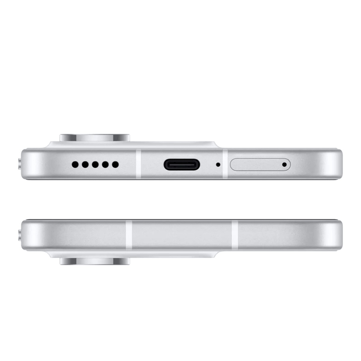 Vista inferiore di uno smartphone argento con griglia dell'altoparlante, porta USB-C, microfono e carrellino SIM su sfondo bianco.