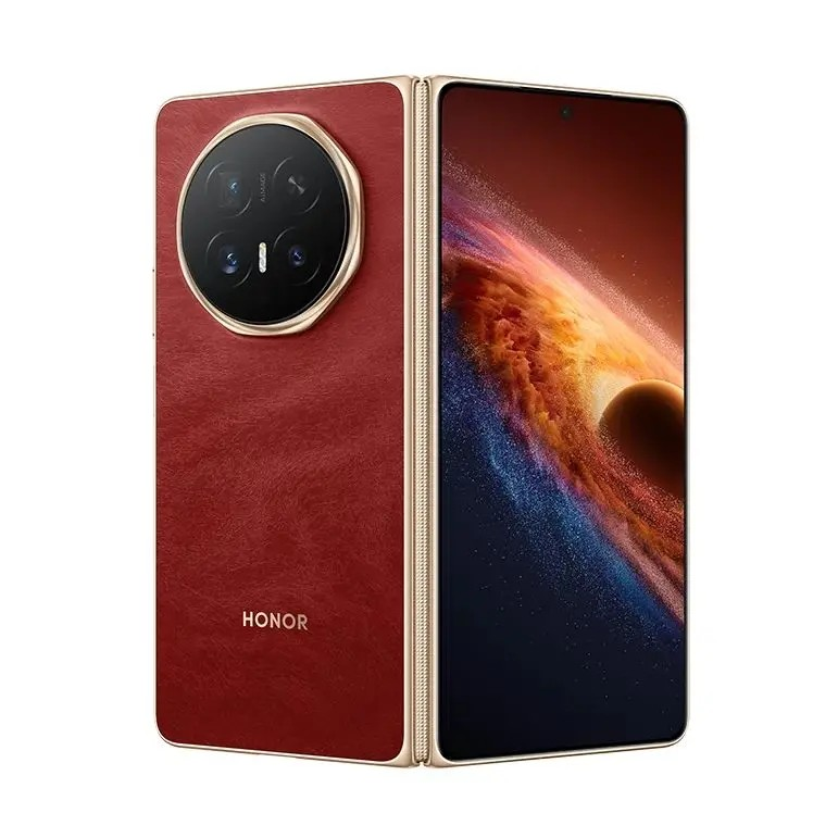 Smartphone pieghevole Honor rosso con modulo fotocamera rotondo e display luminoso su bianco.