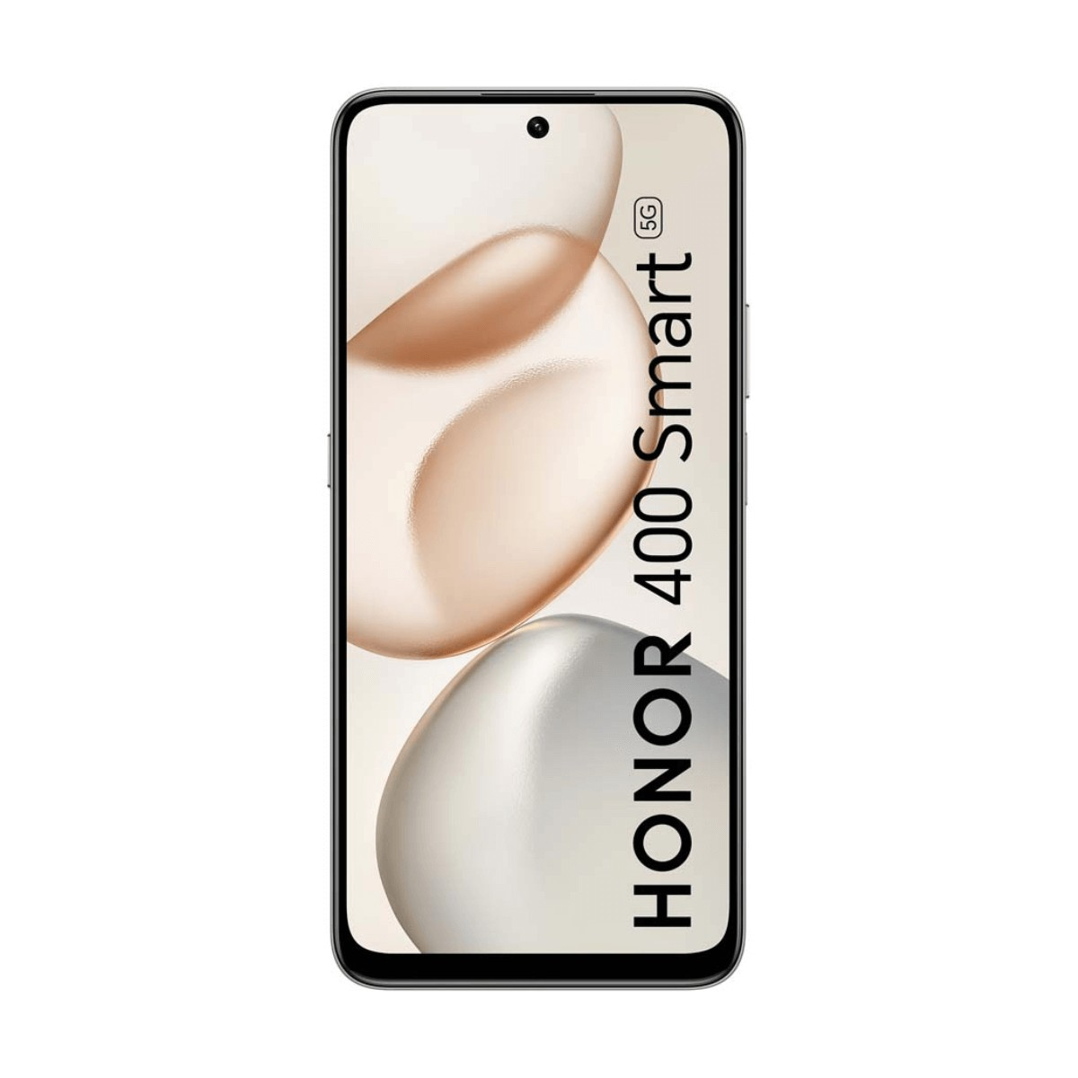 Smartphone Honor 400 Smart 5G con uno sfondo astratto beige e argento sullo schermo.