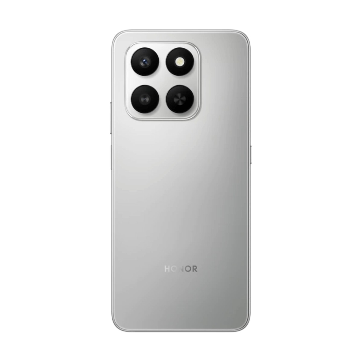 Retro di uno smartphone Honor argento con modulo fotocamera quadrato a quattro lenti e logo Honor.
