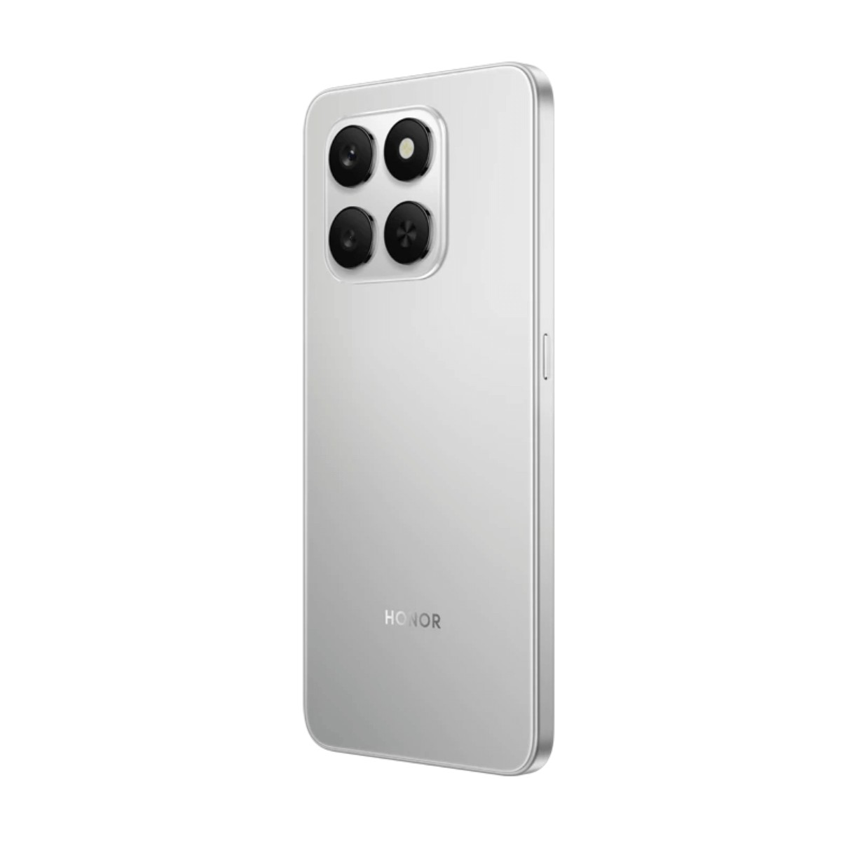 Retro di uno smartphone Honor argento con modulo fotocamera quadrato in alto a sinistra e logo Honor in basso.