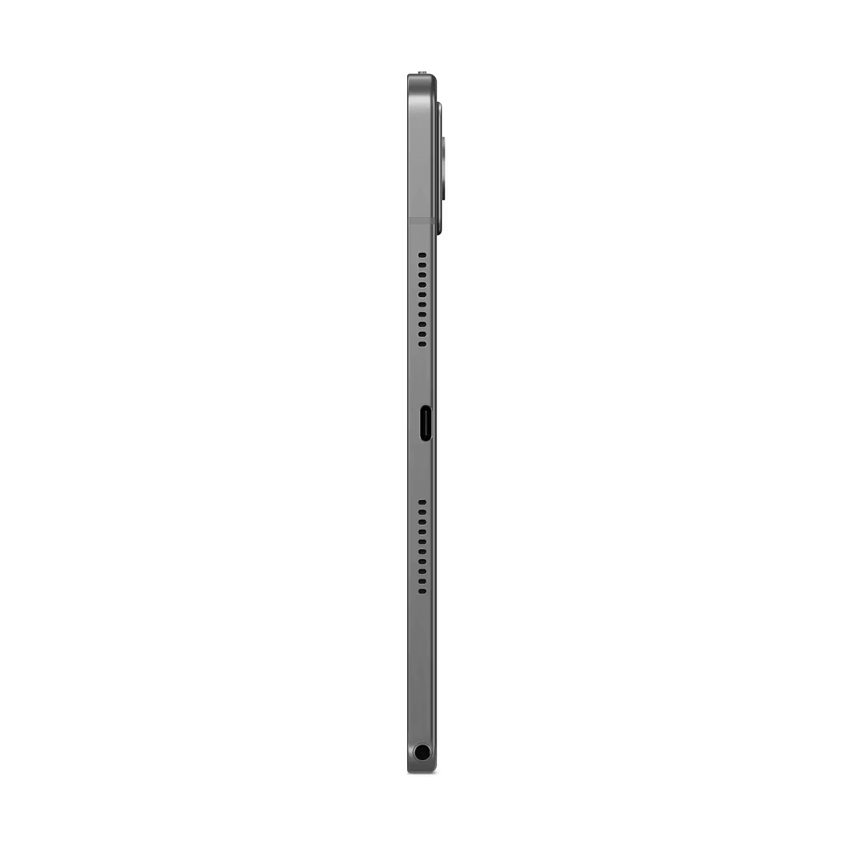 Vista laterale di un tablet grigio con porta USB-C e altoparlanti.