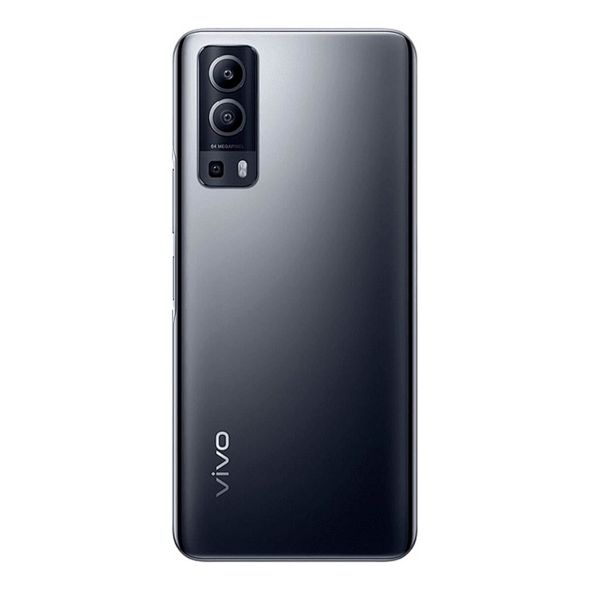 Rückseite eines grauen Vivo-Smartphones mit rechteckigem Kameramodul und Logo.
