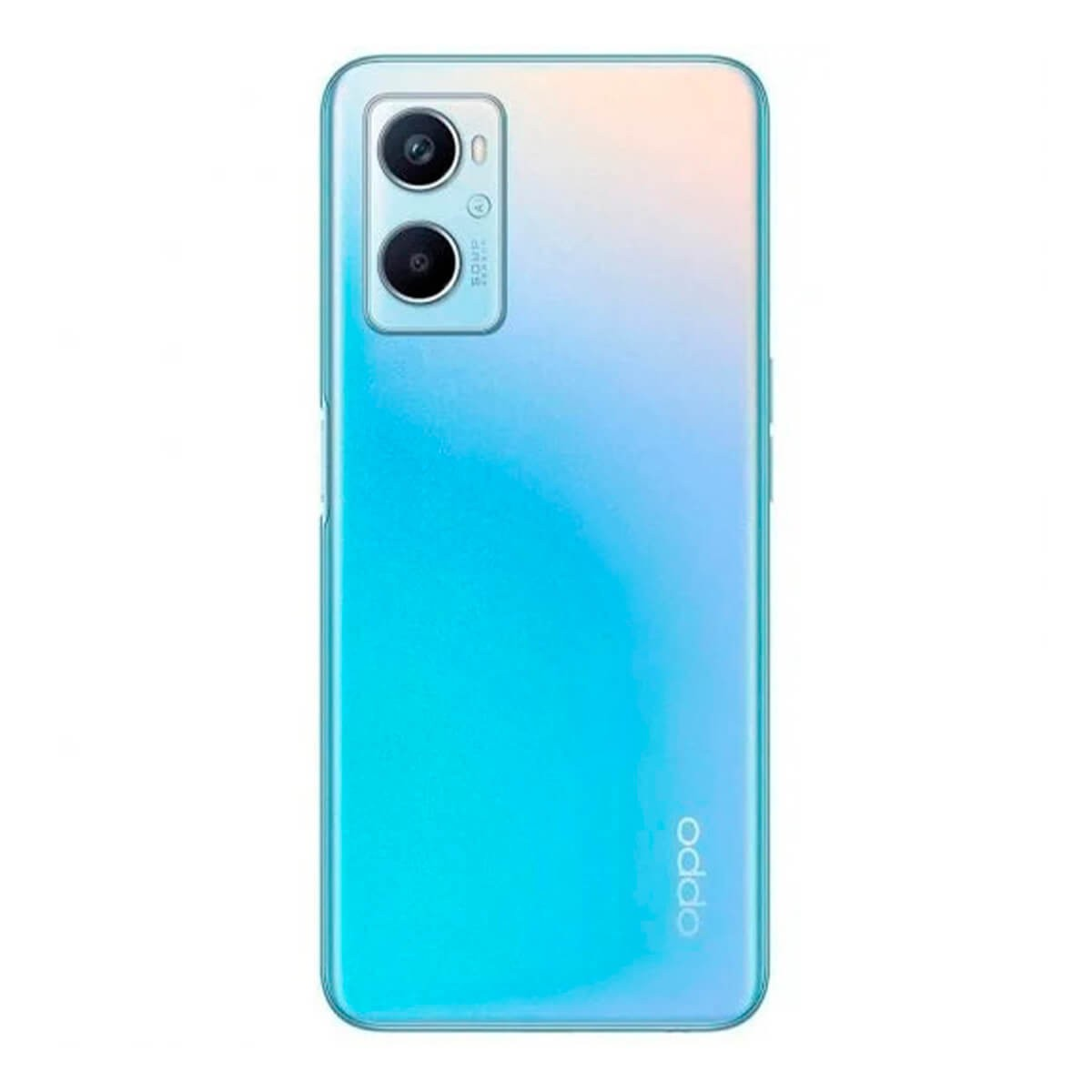 Die Rückseite eines hellblauen und goldenen Oppo-Smartphones mit zwei vertikalen Kameras oben links und dem Oppo-Logo.