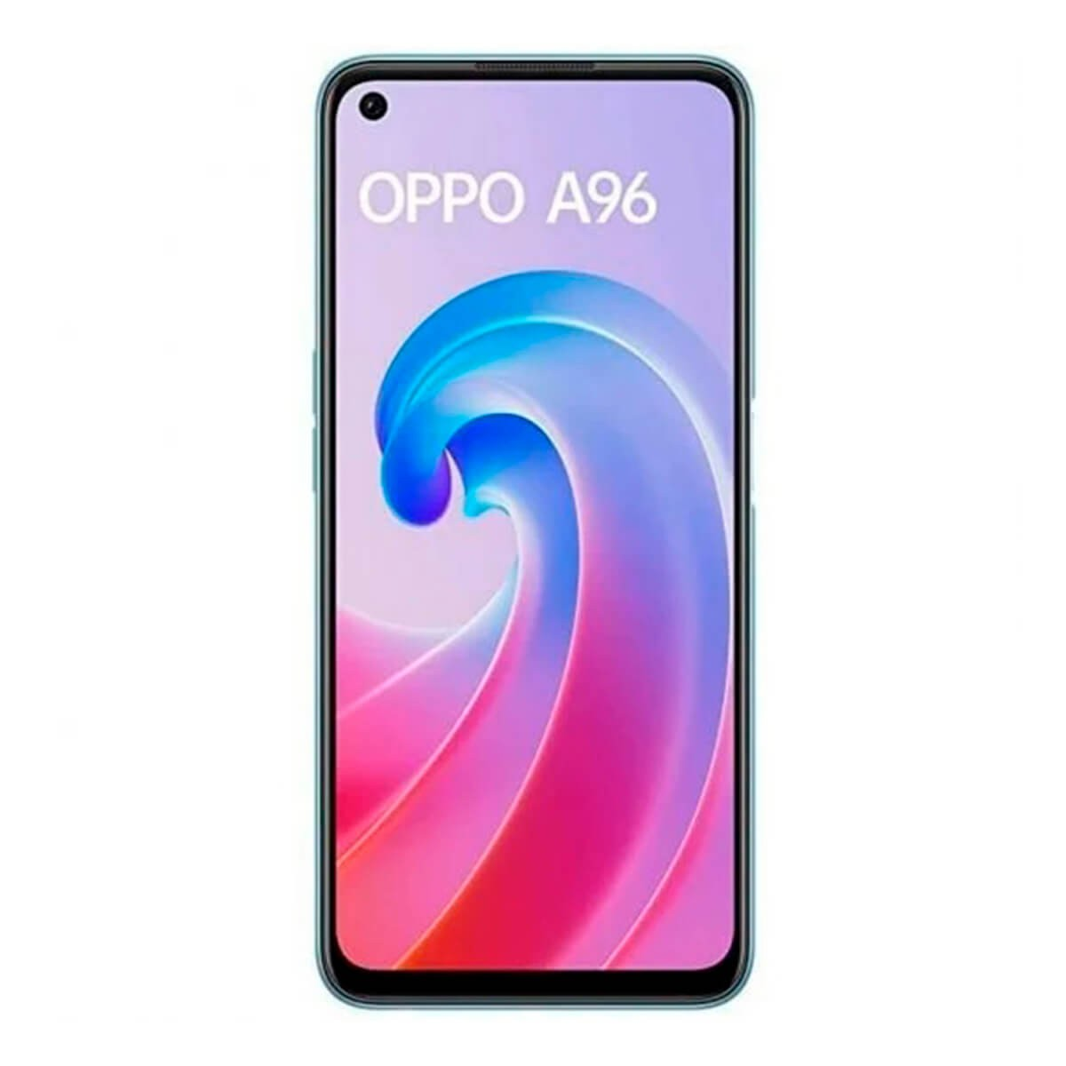 Oppo A96 Smartphone mit blauem Rand und buntem Bildschirmhintergrund.