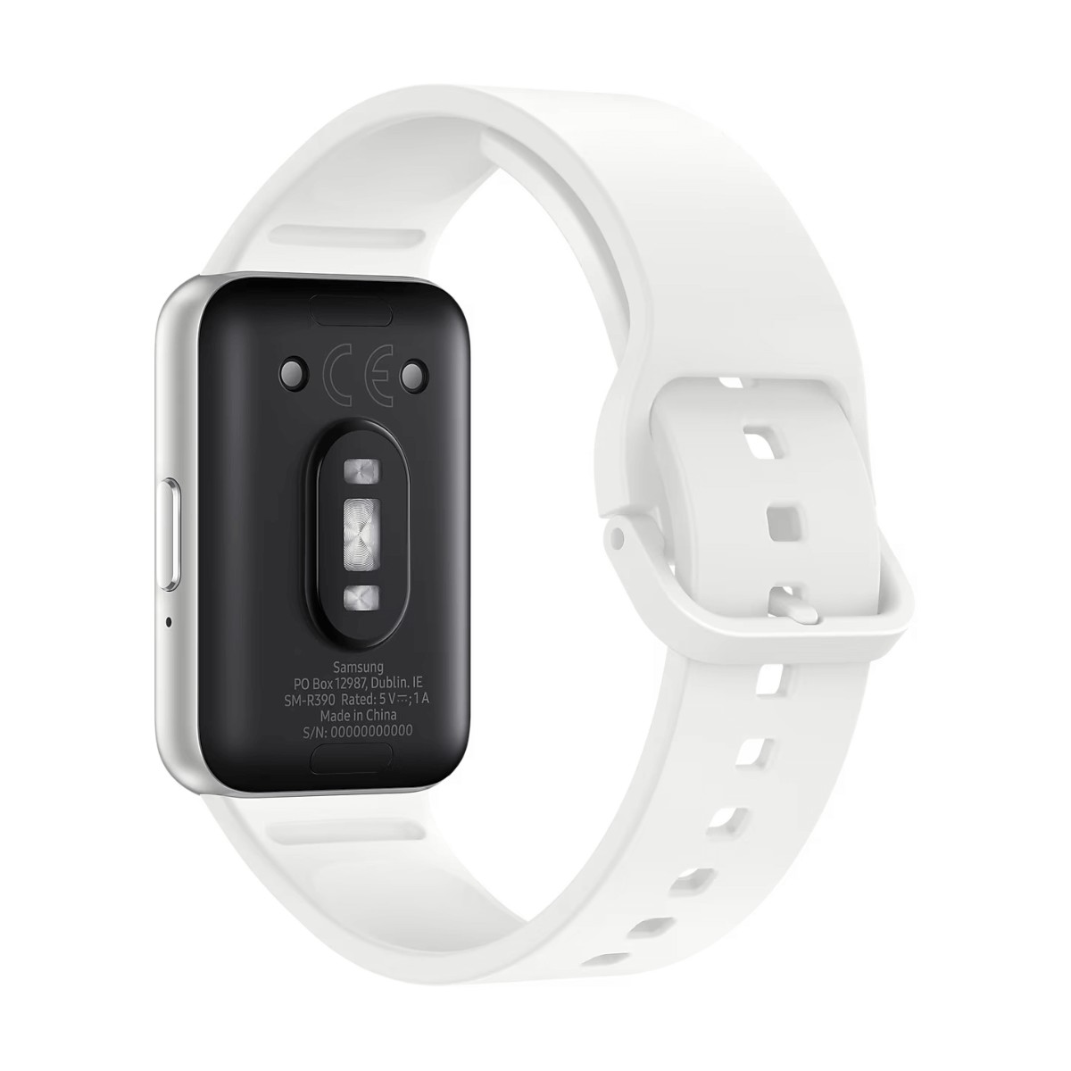 Dos d'une montre connectée Samsung avec bracelet en silicone blanc, capteurs et logos de certification sur fond blanc.