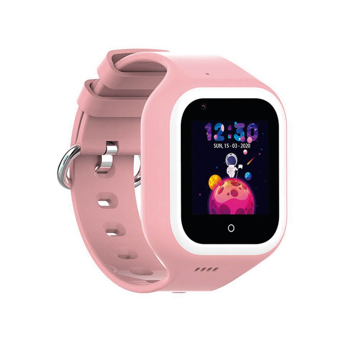 Smartwatch rosa con cornice bianca e schermo a tema spaziale su sfondo bianco.