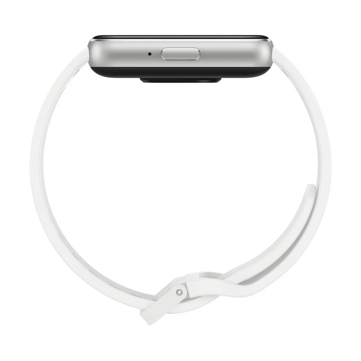 Une montre connectée blanche avec un boîtier argenté et un bouton latéral, isolée sur fond blanc.