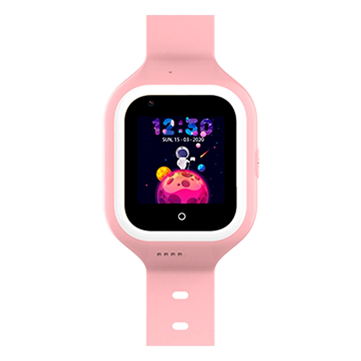 Smartwatch rosa per bambini con schermo a tema spaziale che mostra un astronauta e pianeti.