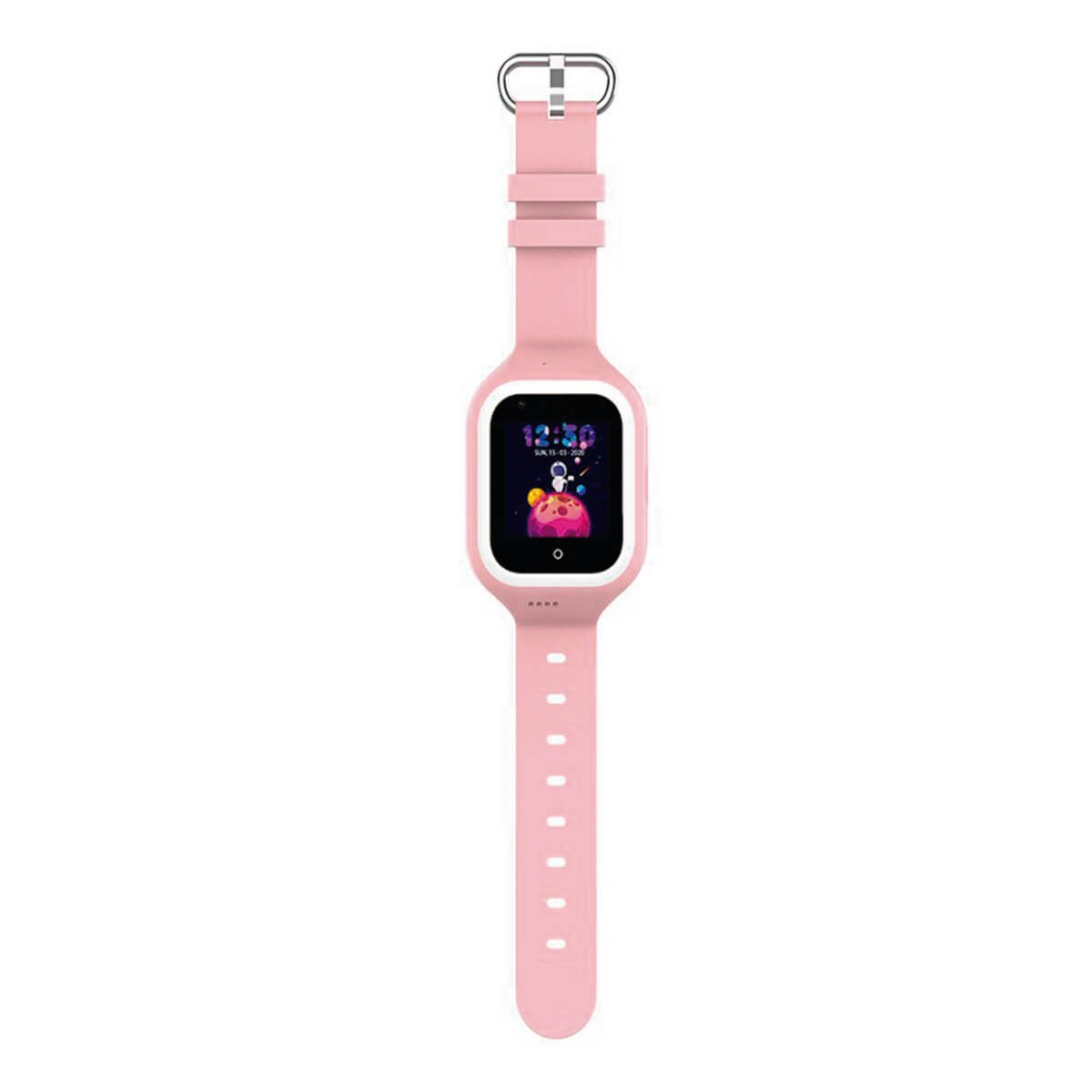 Uno smartwatch rosa per bambini con cornice bianca e display digitale che mostra un astronauta su sfondo nero.