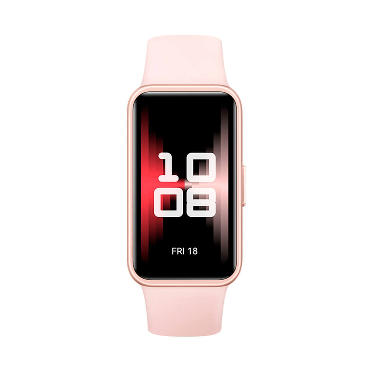 Smartwatch rosa con display rettangolare che mostra l'ora 10:08 e la data venerdì 18.