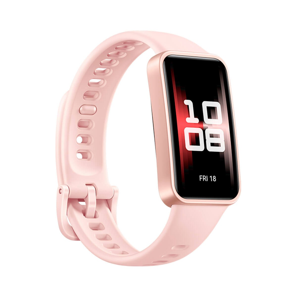 Uno smartwatch rosa con cassa metallica rettangolare e cinturino in silicone su sfondo bianco.