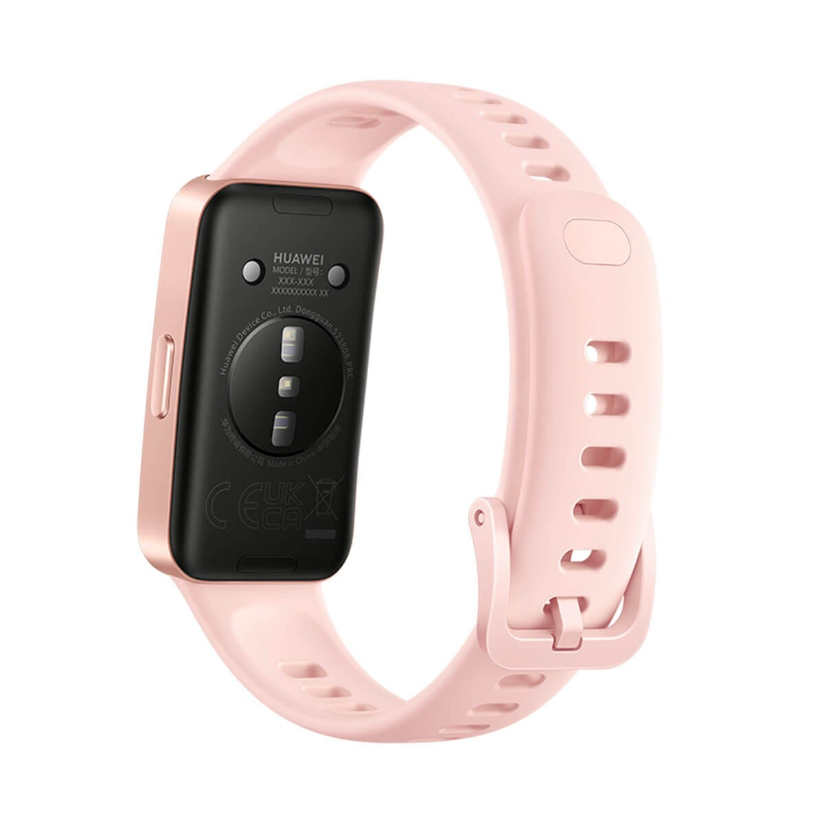 Retro di uno smartwatch rosa con sensori e cinturino in gomma.