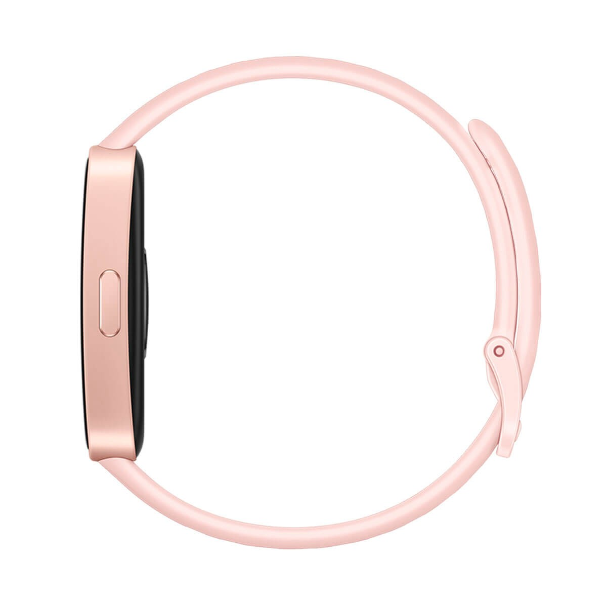 Smartwatch rosa con schermo nero e pulsante laterale su sfondo bianco.