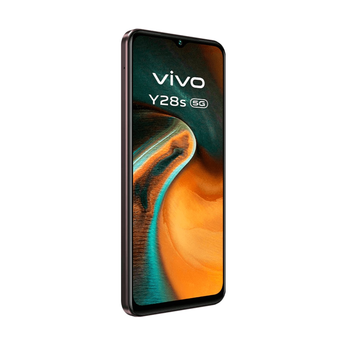 Smartphone Vivo Y28s 5G viola scuro inclinato a sinistra con sfondo astratto.