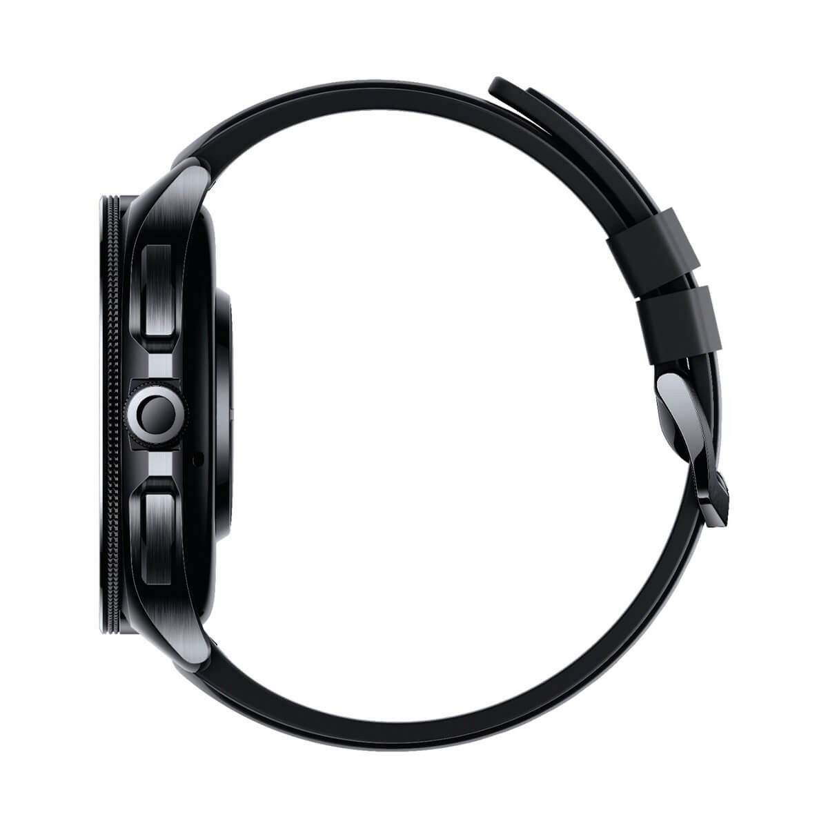 Vista laterale di uno smartwatch nero con cassa rotonda e cinturino in silicone su sfondo bianco.