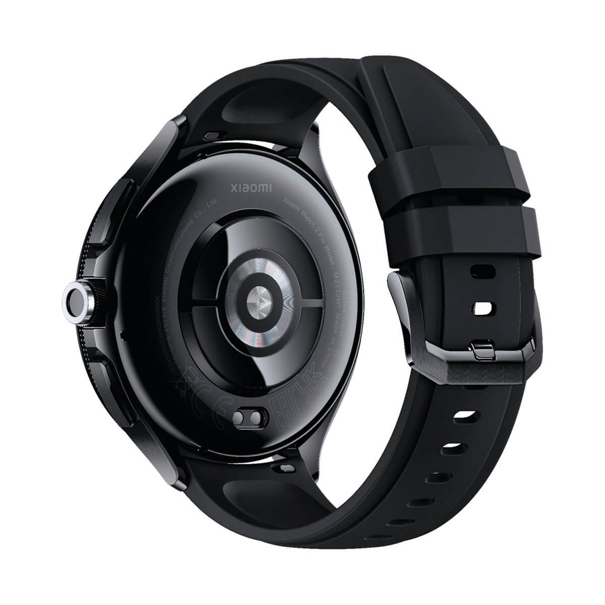 Il retro di uno smartwatch Xiaomi nero con sensori al centro e cinturino in silicone nero.