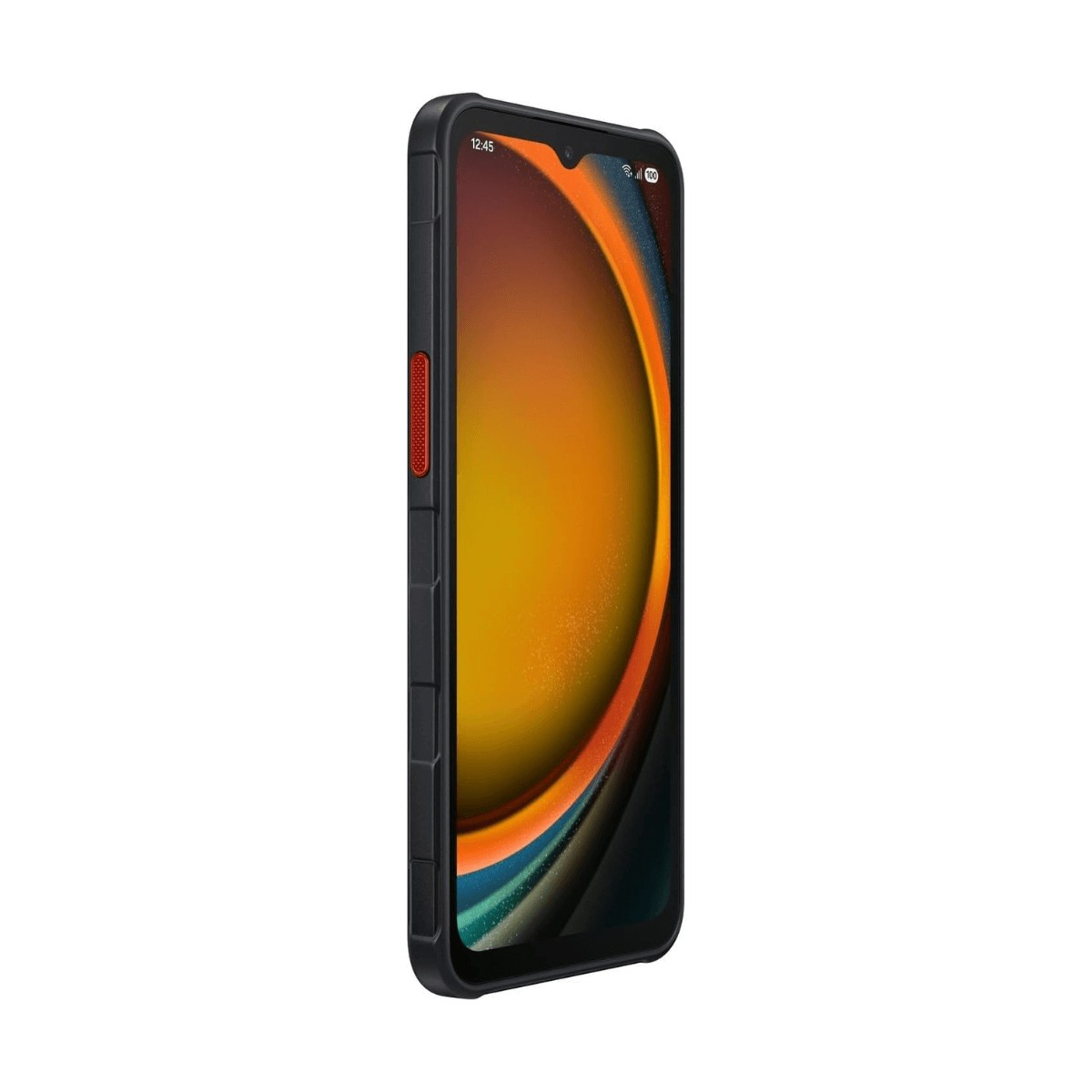 Un smartphone noir aux coins arrondis, un bouton d'accent orange et un écran vibrant sur fond blanc uni.