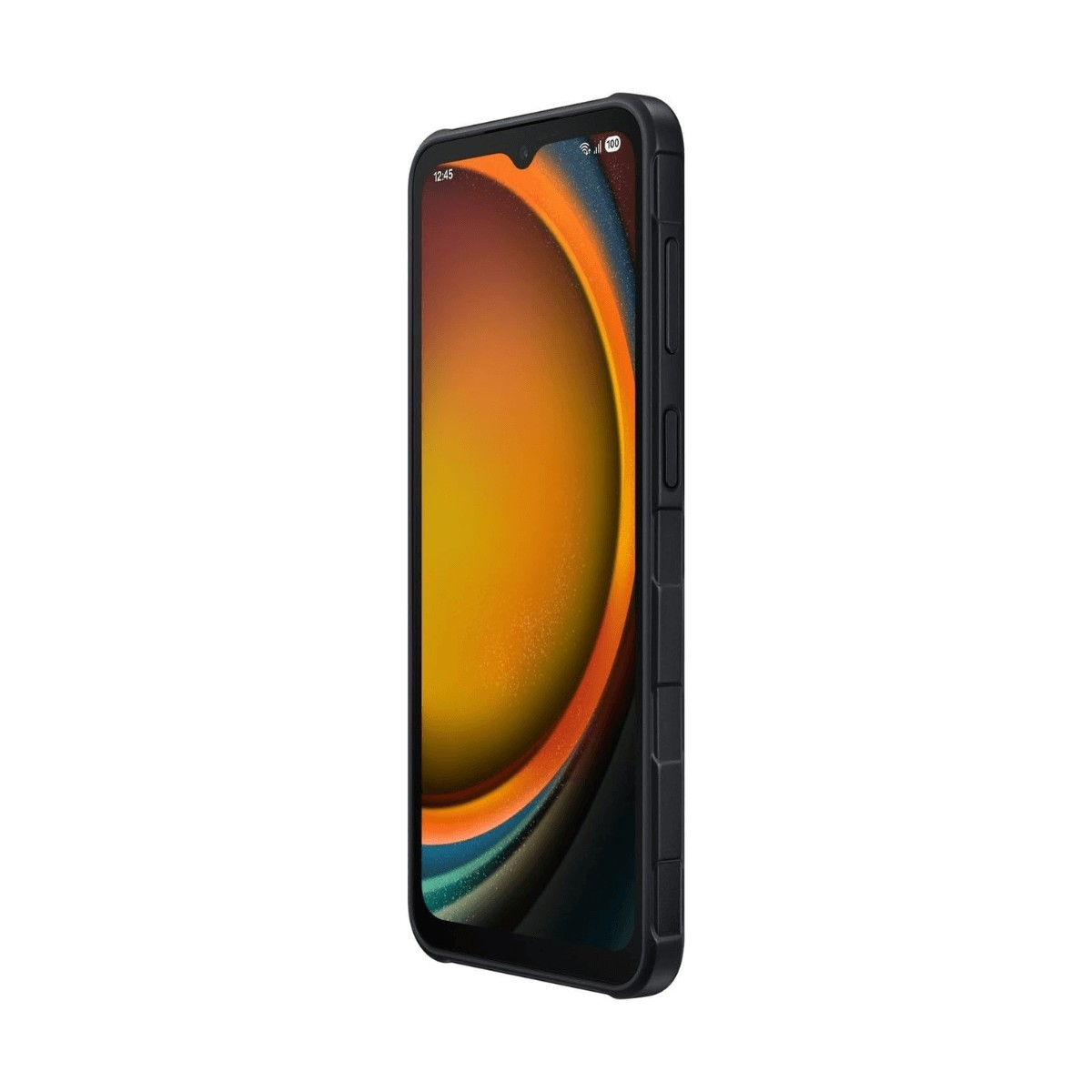 Un smartphone noir robuste présenté en angle avec un fond d'écran abstrait orange et bleu sur l'écran.