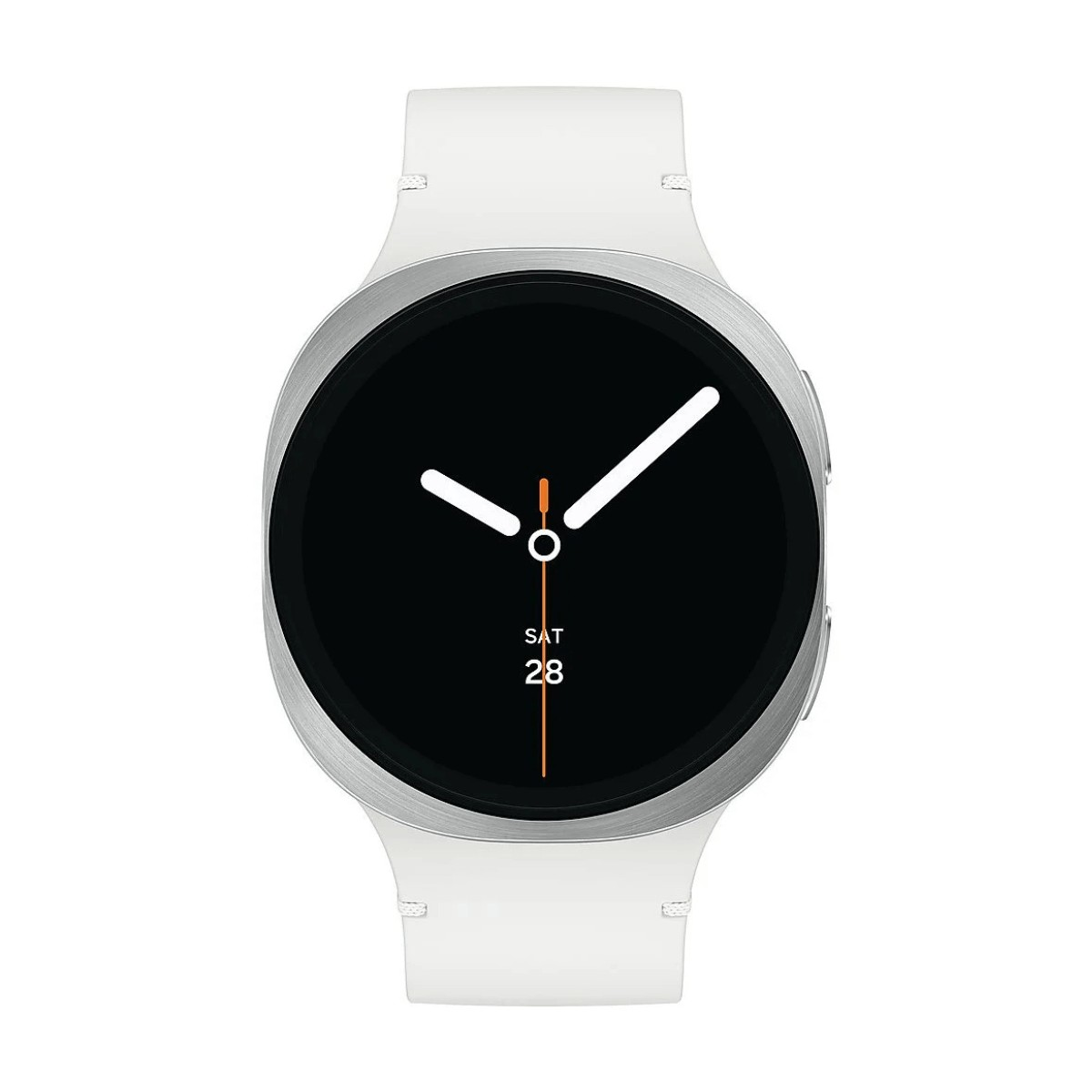 Uno smartwatch bianco con ghiera argento, quadrante nero, lancette bianche e data su cinturino bianco.