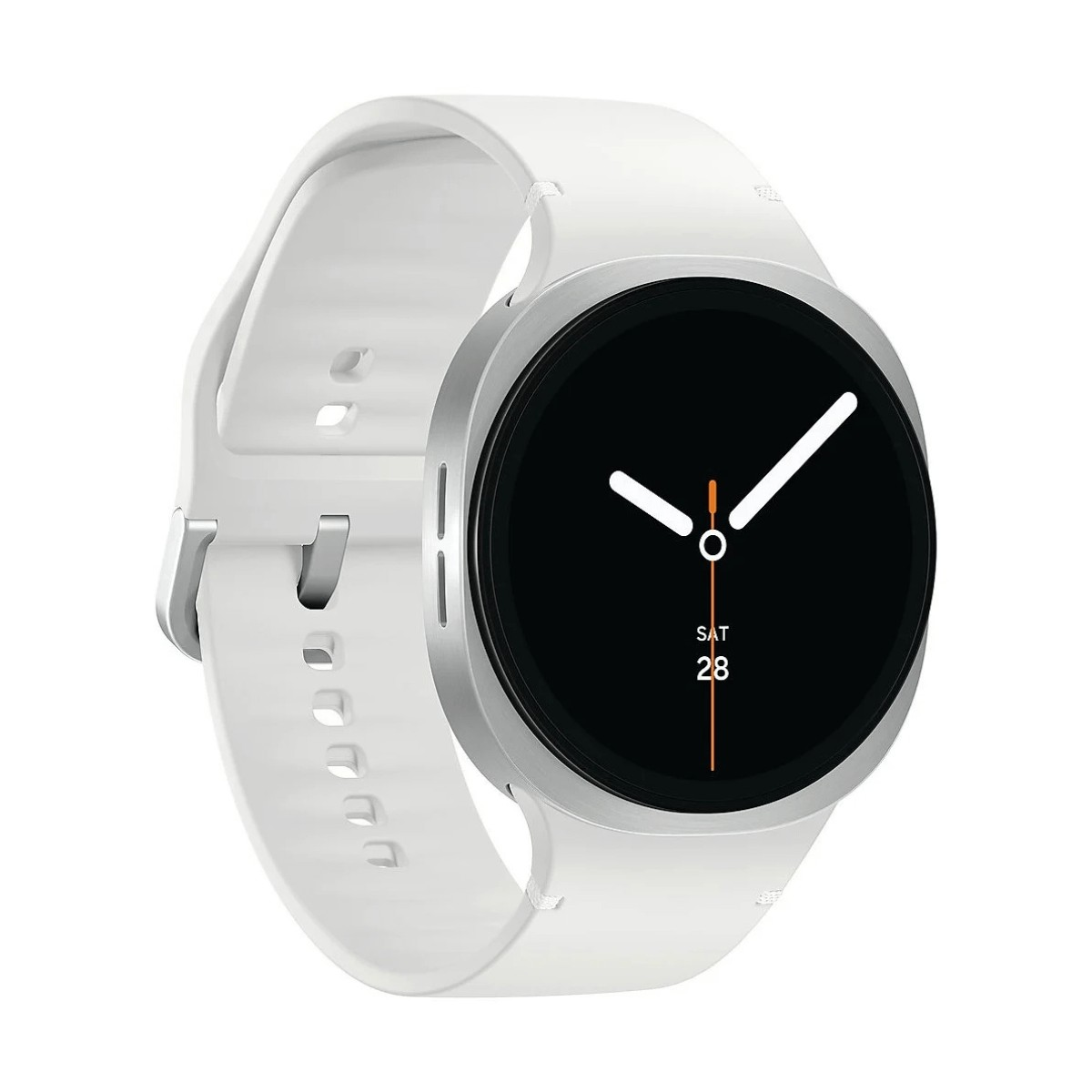 Un elegante smartwatch con cassa argento, cinturino in silicone bianco e quadrante nero con lancette bianche.