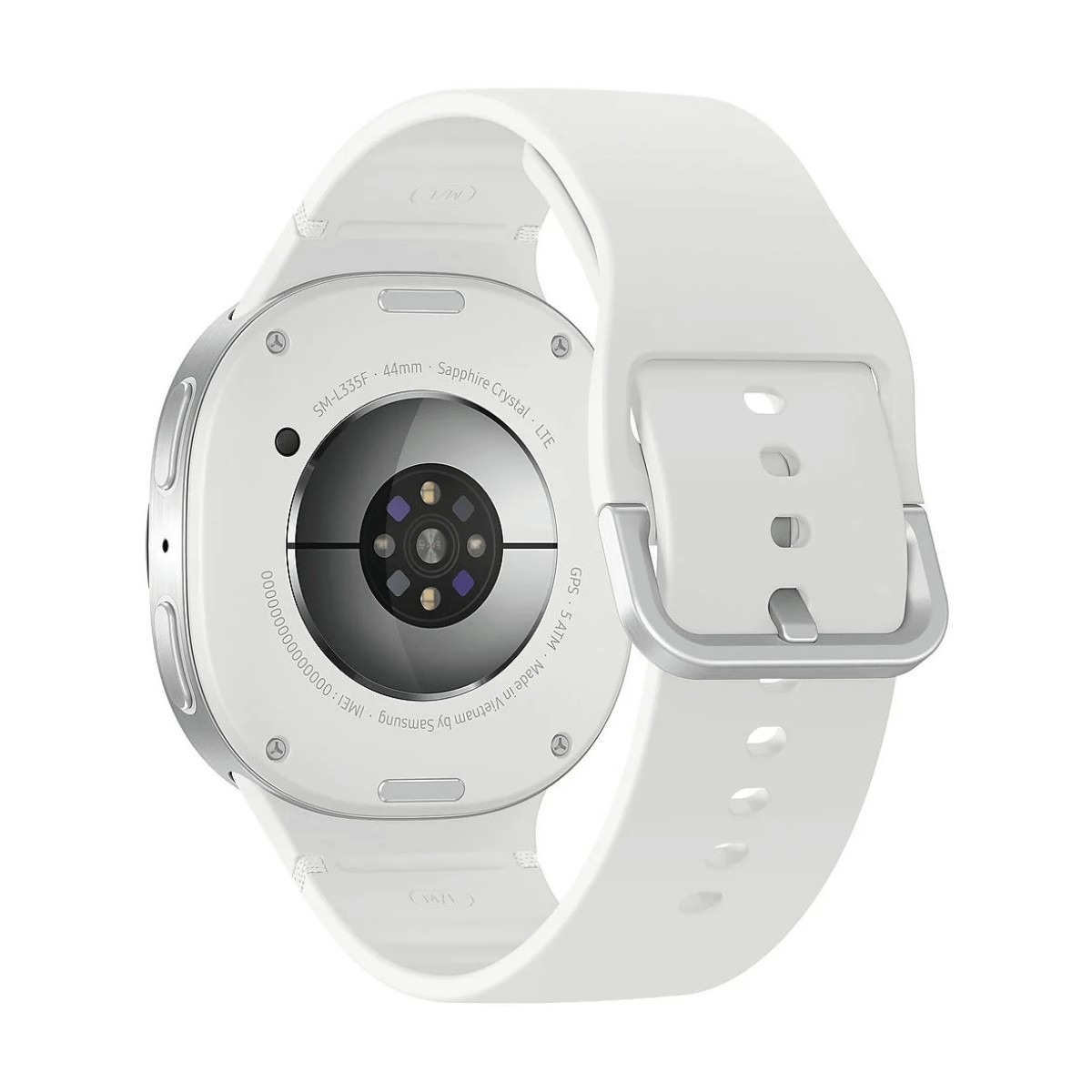 Vista posteriore di uno smartwatch bianco con fibbia argentata e sensori su sfondo bianco.