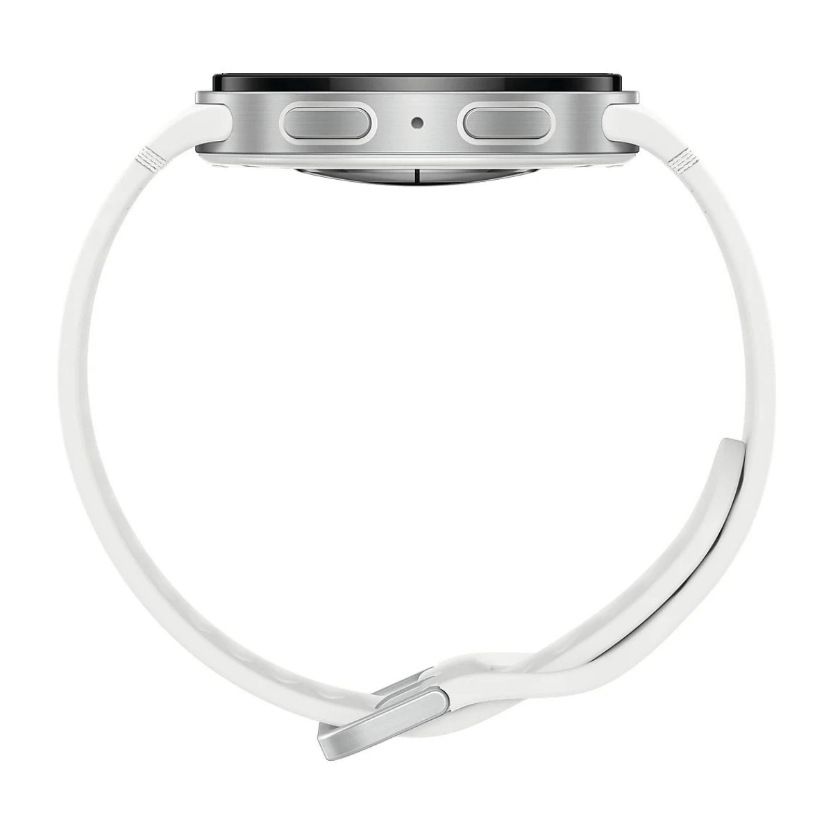 Uno smartwatch argento con cinturino in silicone bianco, visto di lato su sfondo bianco.