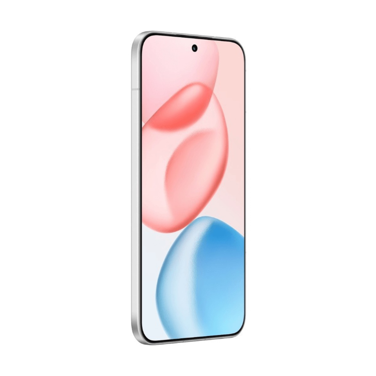 Uno smartphone bianco con schermo luminoso che mostra forme rotonde astratte rosa e blu.