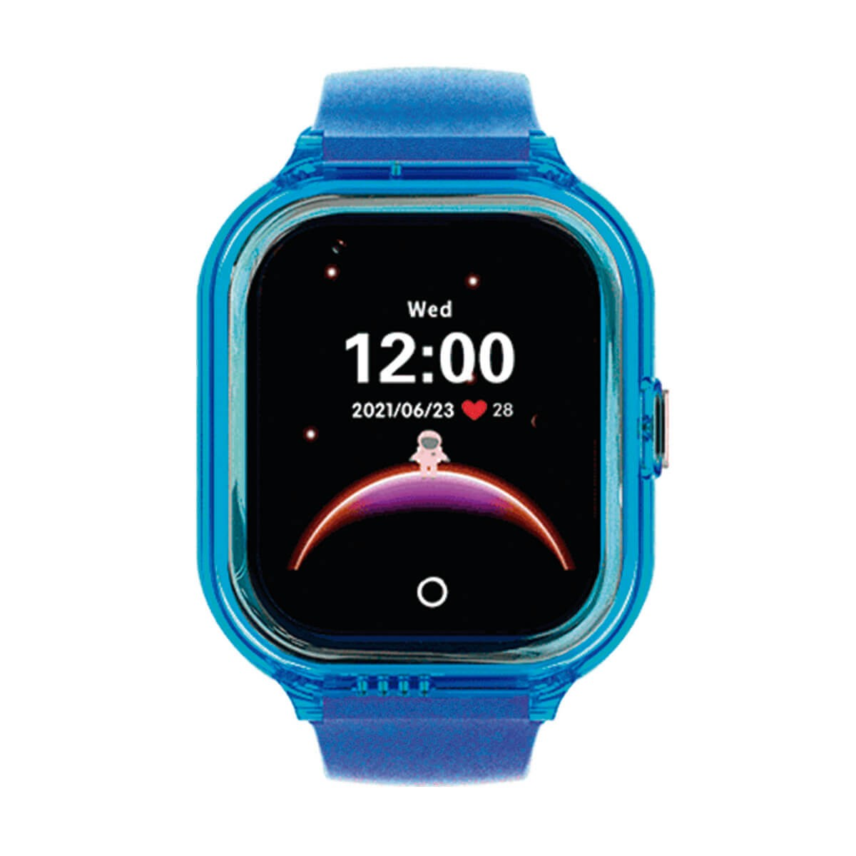 Smartwatch per bambini blu con ora digitale e sfondo con astronauta.