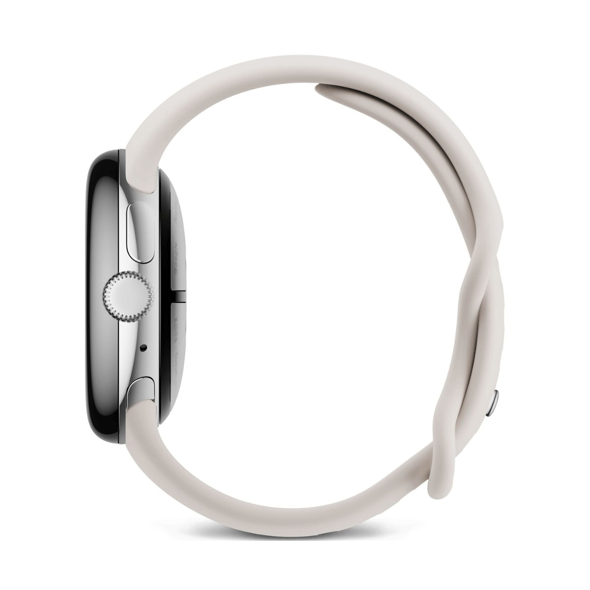 Vue latérale d'une montre connectée avec boîtier argenté et bracelet en silicone gris clair sur fond blanc.