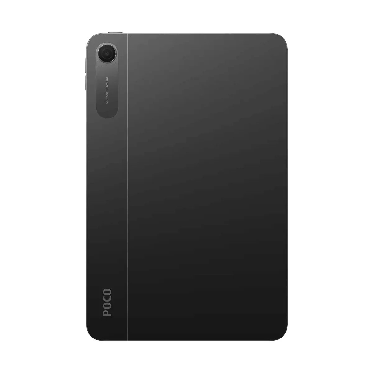 Rückseite eines grauen POCO Tablets mit Kamera oben links und POCO-Logo unten links.