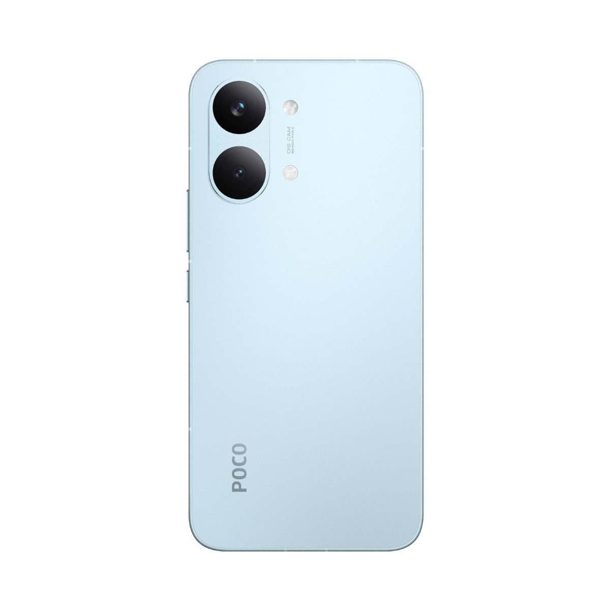 Dos d'un smartphone POCO bleu clair avec deux objectifs de caméra alignés verticalement.