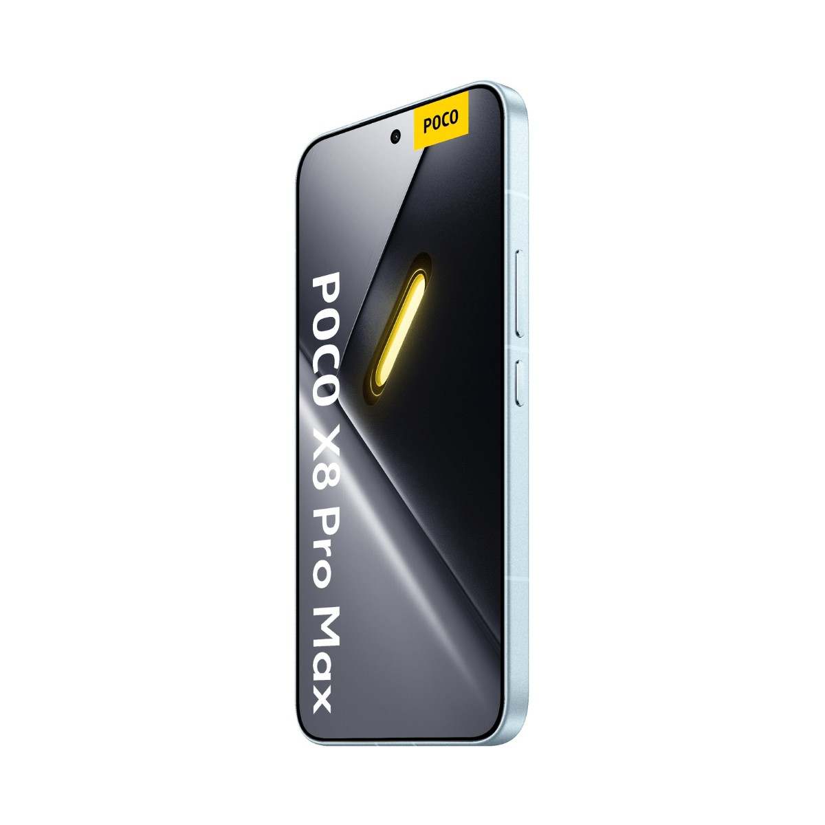 Un smartphone bleu clair affichant le texte POCO X8 Pro Max sur son écran.