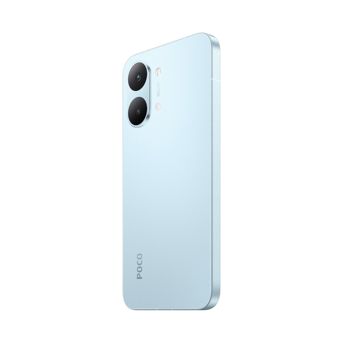 Un smartphone Poco bleu clair vu de dos sur fond blanc, avec double capteur photo.