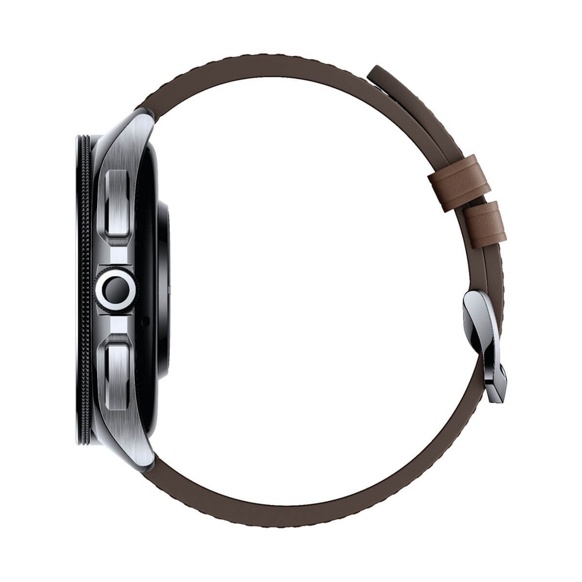 Vista laterale di uno smartwatch con cassa argentata, due pulsanti laterali e un cinturino in pelle marrone.