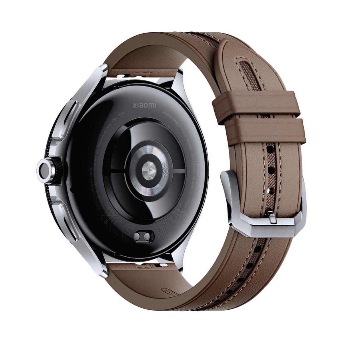 Retro dello Xiaomi Watch 2 Pro con cinturino in pelle marrone e cassa argentata.