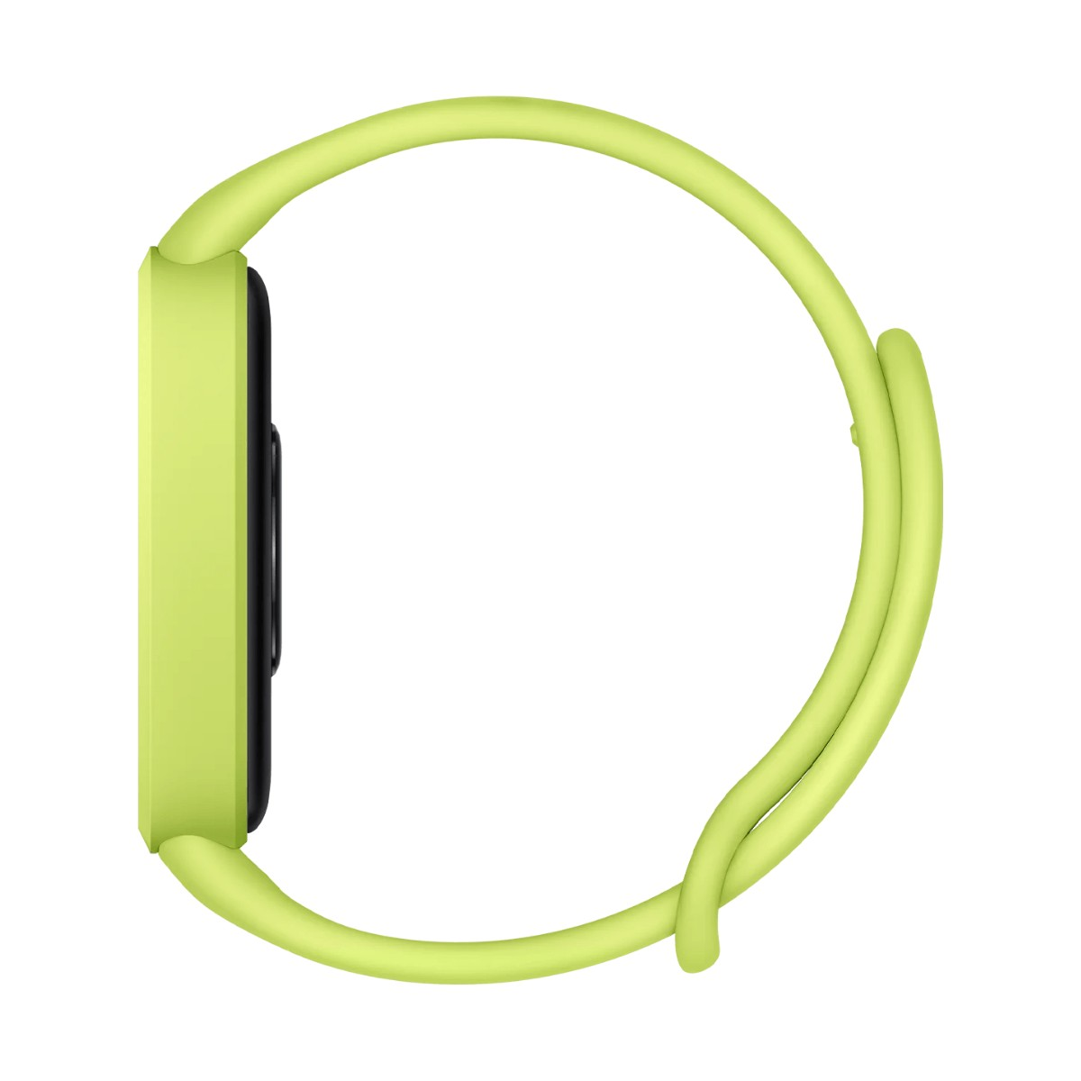 Side view of a bright green smartwatch with a black body and strap on a white background.