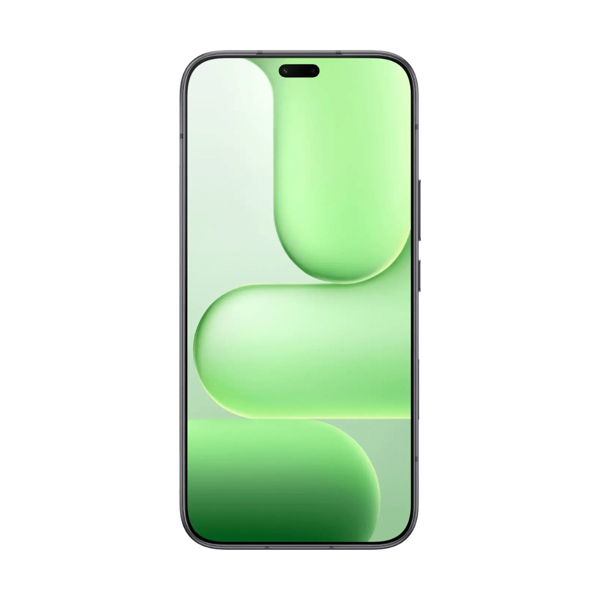 Uno smartphone scuro con angoli arrotondati mostra uno schermo con motivi astratti a forma di pillola verde chiaro.