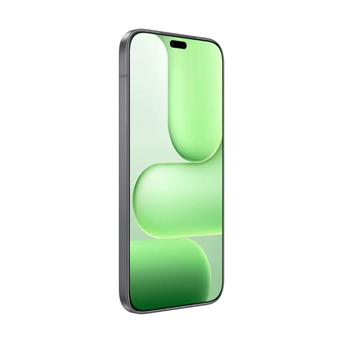 Uno smartphone grigio in posizione verticale con uno sfondo astratto verde sullo schermo, isolato su sfondo bianco.