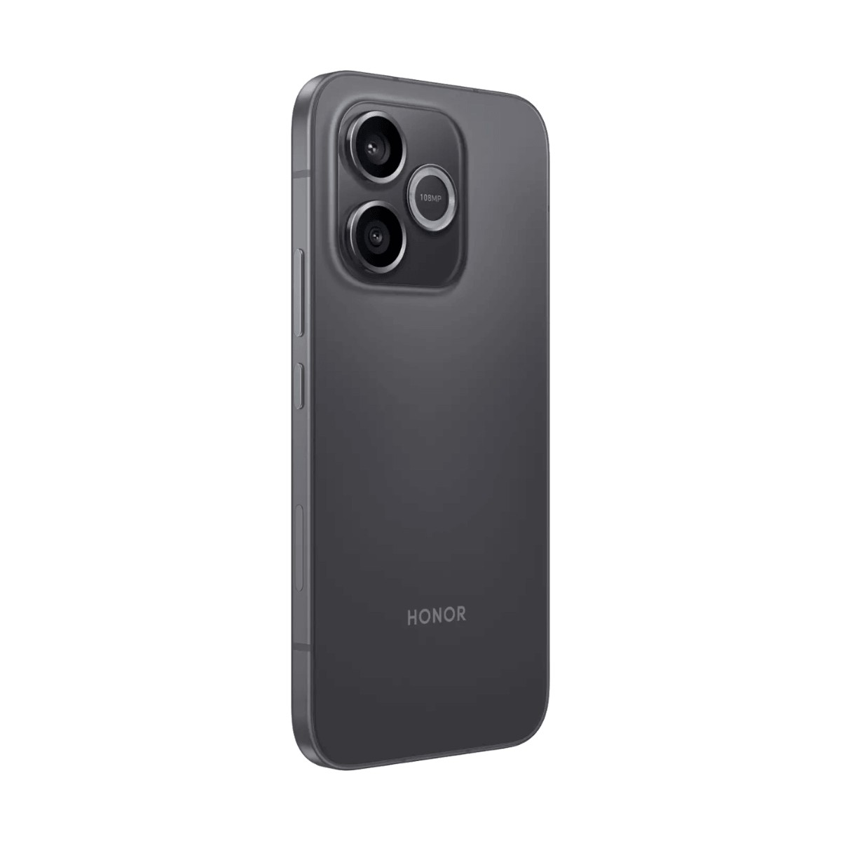 Vista posteriore di uno smartphone Honor grigio scuro, con modulo a tripla fotocamera e logo.